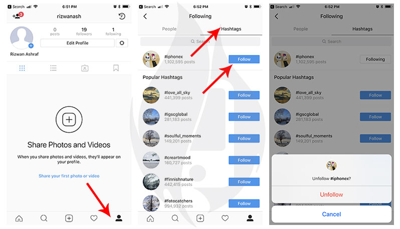how to unfollow instagram hashtag iphone ipad