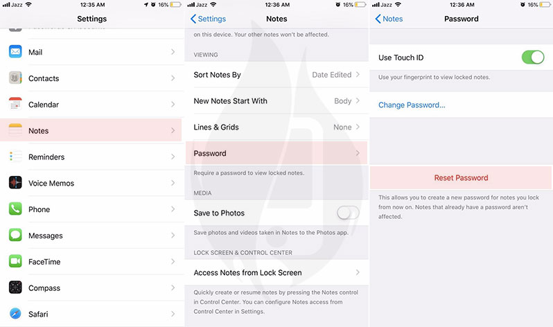 how to reset notes password iphone ipad