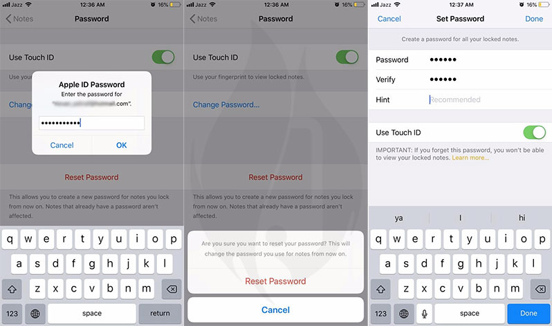 how to reset notes password on iphone ipad